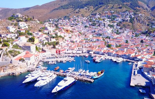 Aerial view of superyacht destination Hydra, Greece